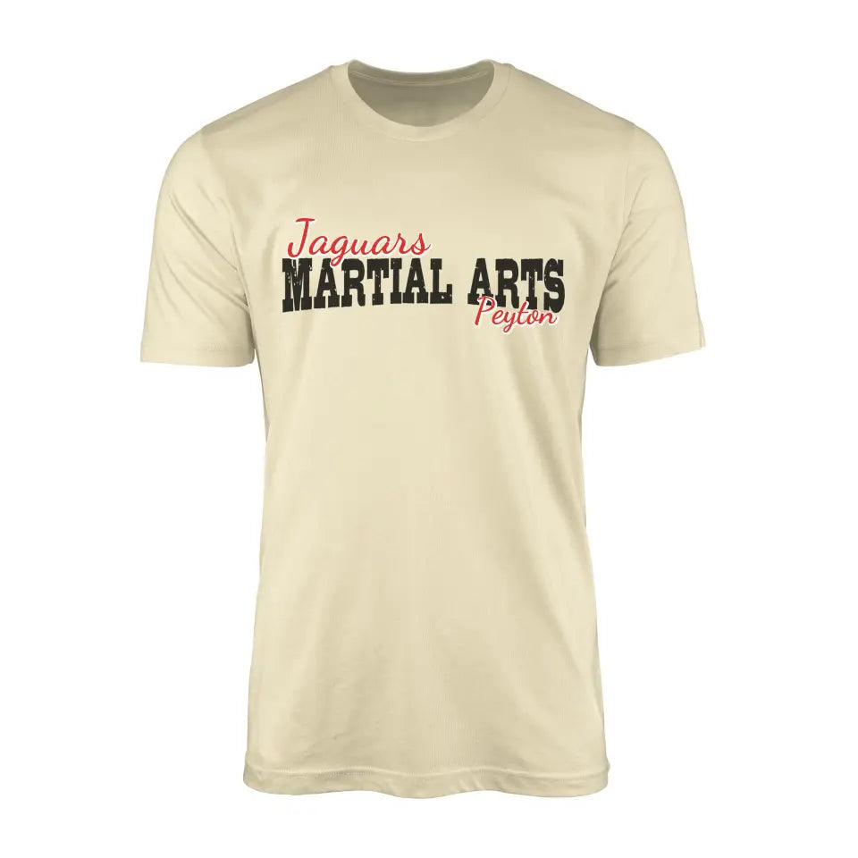 custom martial arts mascot and martial artist name on a mens t-shirt with a black graphic