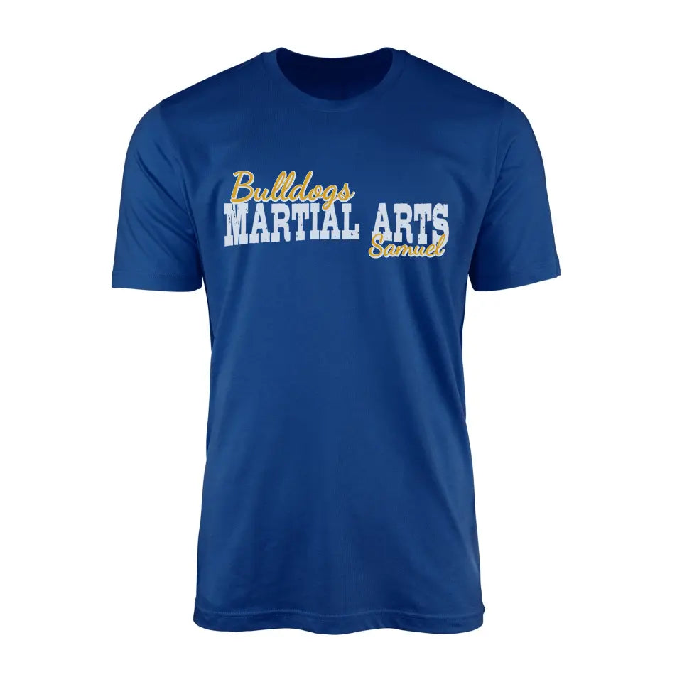 custom martial arts mascot and martial artist name on a mens t-shirt with a white graphic