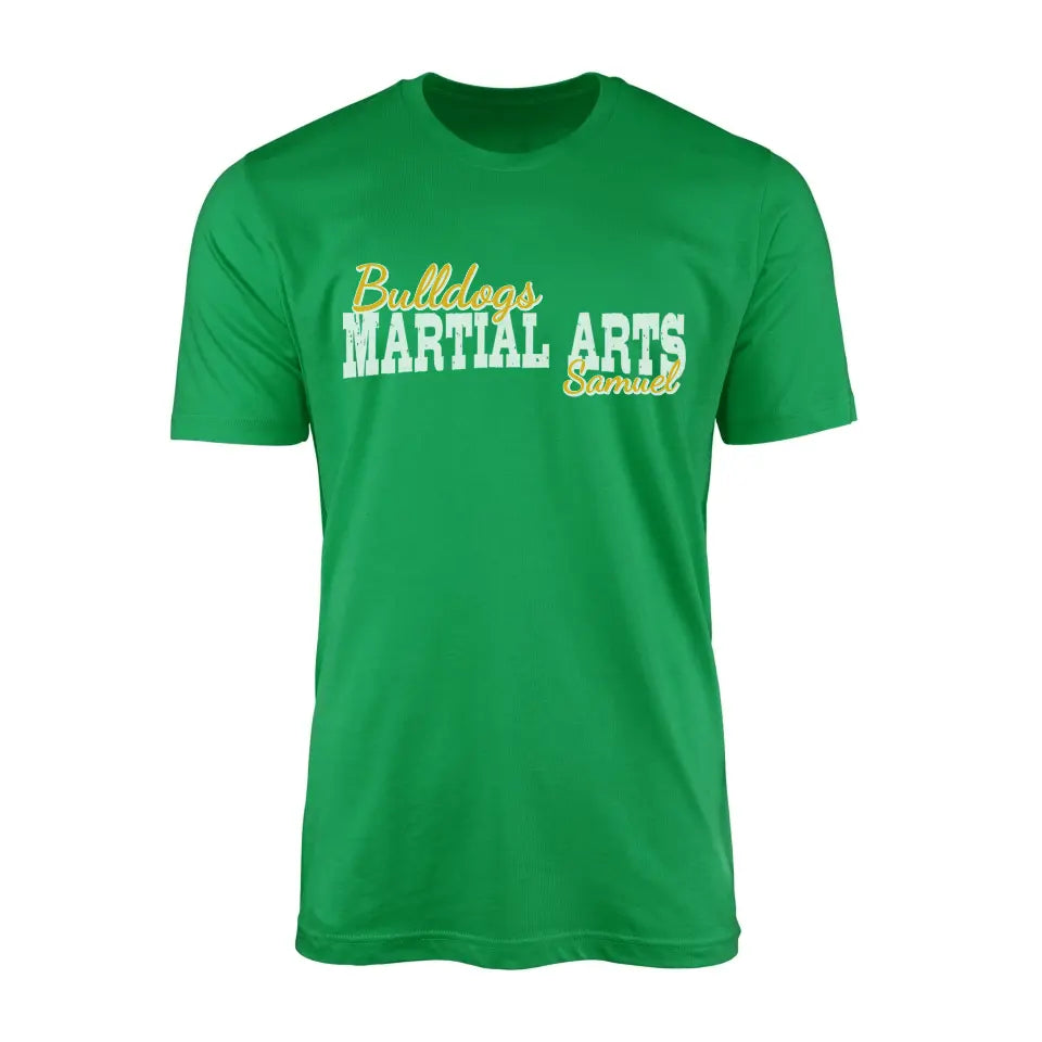 custom martial arts mascot and martial artist name on a mens t-shirt with a white graphic