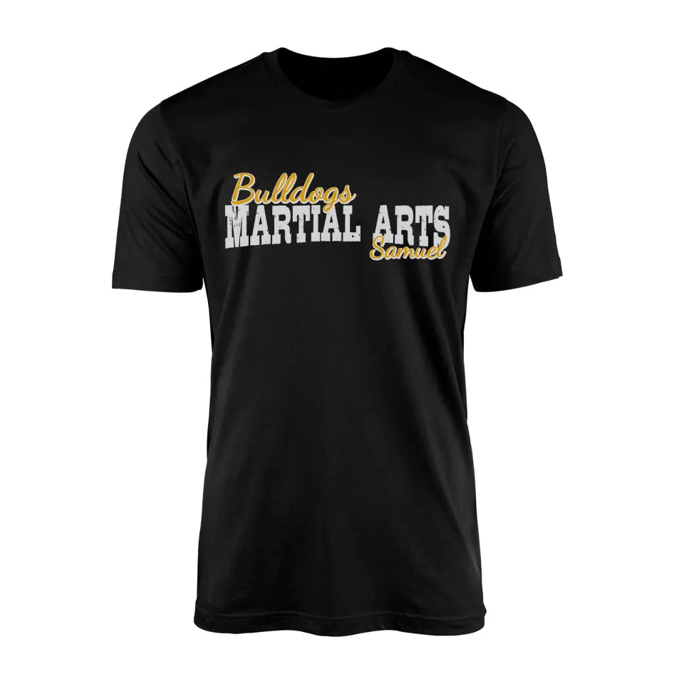 custom martial arts mascot and martial artist name on a mens t-shirt with a white graphic