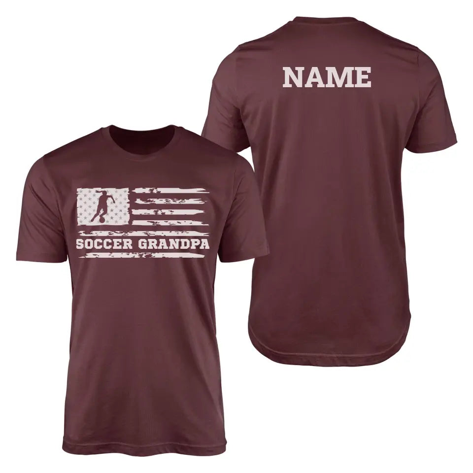 soccer grandpa horizontal flag with soccer player name on a mens t-shirt with a white graphic