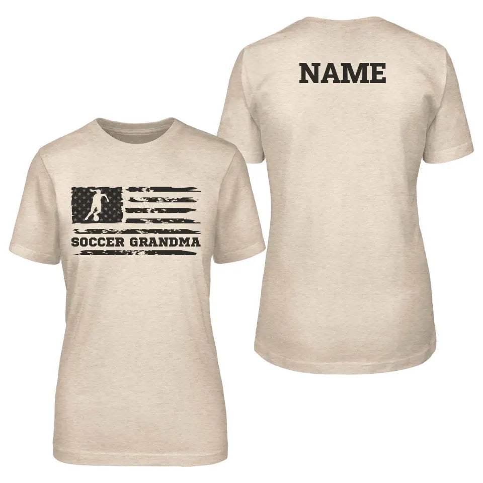 soccer grandma horizontal flag with soccer player name on a unisex t-shirt with a black graphic