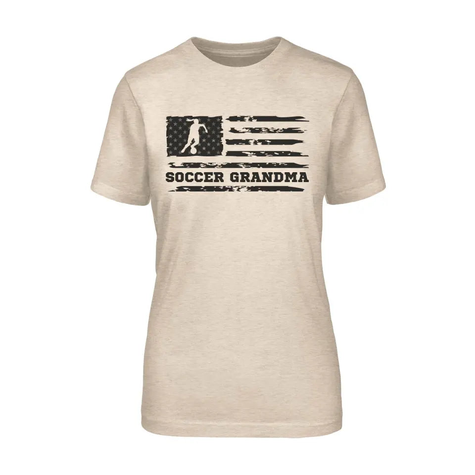 soccer grandma horizontal flag on a unisex t-shirt with a black graphic