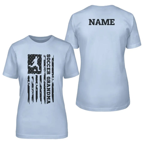 soccer grandma vertical flag with soccer player name on a unisex t-shirt with a black graphic