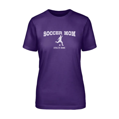 soccer mom with soccer player icon and soccer player name on a unisex t-shirt with a white graphic