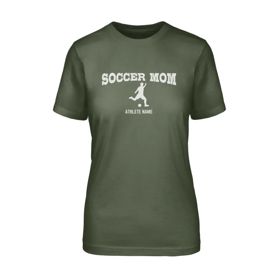 soccer mom with soccer player icon and soccer player name on a unisex t-shirt with a white graphic