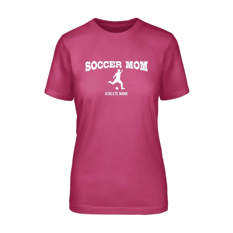 soccer mom with soccer player icon and soccer player name on a unisex t-shirt with a white graphic