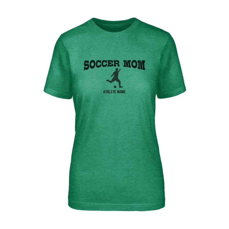soccer mom with soccer player icon and soccer player name on a unisex t-shirt with a black graphic