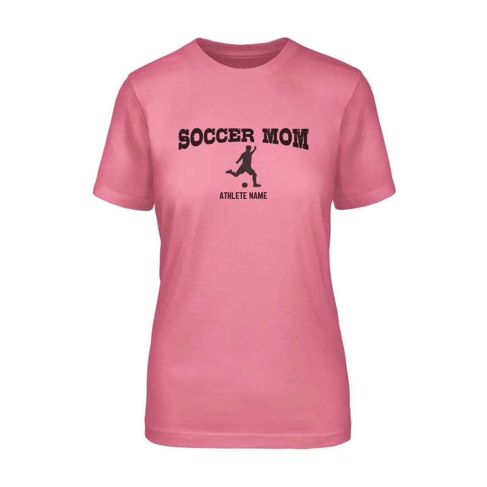 soccer mom with soccer player icon and soccer player name on a unisex t-shirt with a black graphic