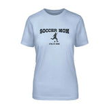 soccer mom with soccer player icon and soccer player name on a unisex t-shirt with a black graphic