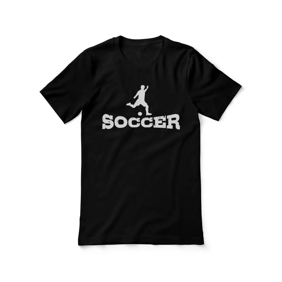 basic soccer with soccer player icon on a unisex t-shirt with a white graphic