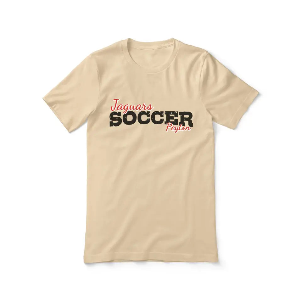 custom soccer mascot and soccer player name on a unisex t-shirt with a black graphic