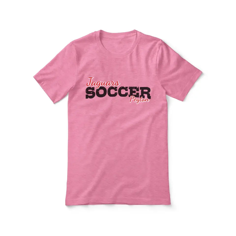 custom soccer mascot and soccer player name on a unisex t-shirt with a black graphic