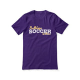 custom soccer mascot and soccer player name on a unisex t-shirt with a white graphic