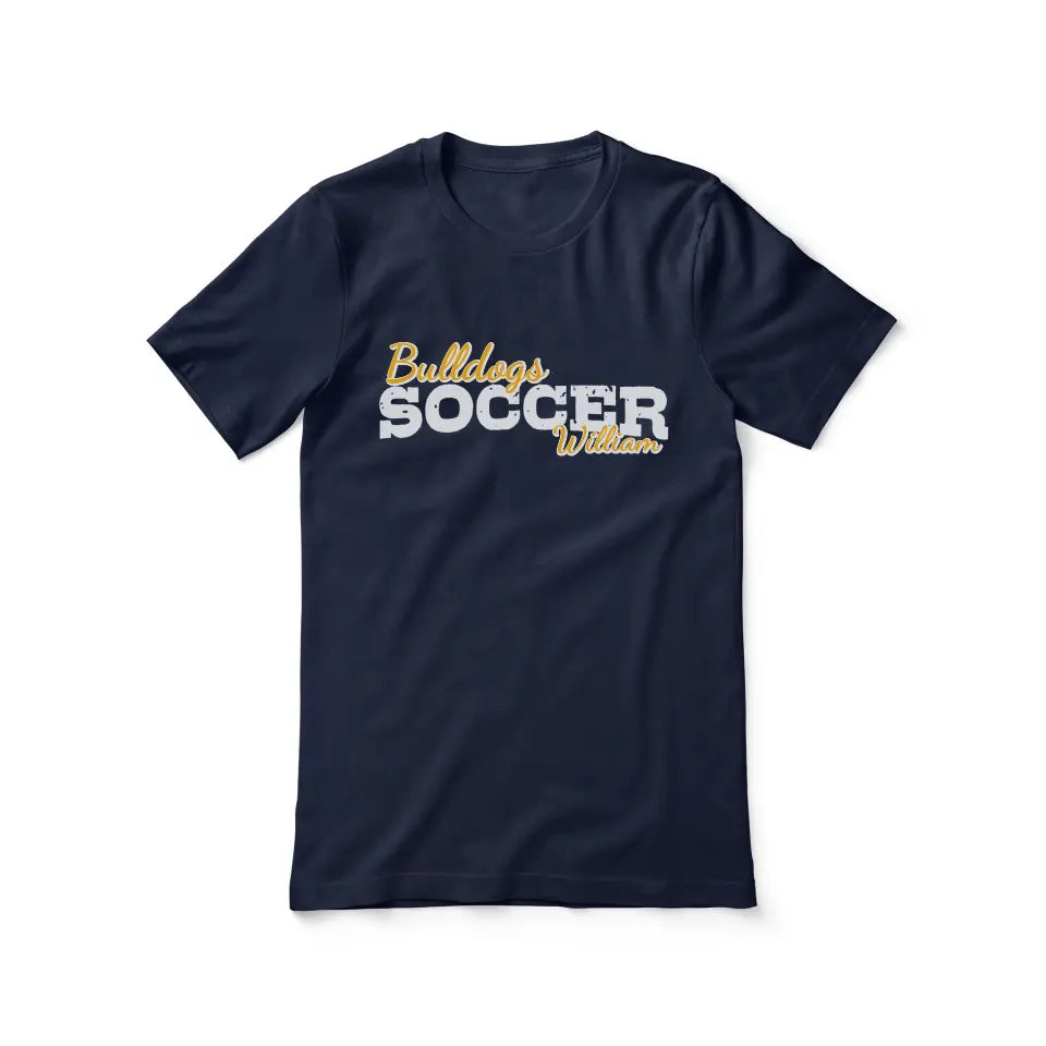 custom soccer mascot and soccer player name on a unisex t-shirt with a white graphic