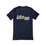 custom soccer mascot and soccer player name on a unisex t-shirt with a white graphic