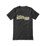 custom soccer mascot and soccer player name on a unisex t-shirt with a white graphic