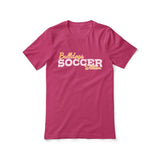 custom soccer mascot and soccer player name on a unisex t-shirt with a white graphic