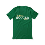 custom soccer mascot and soccer player name on a unisex t-shirt with a white graphic