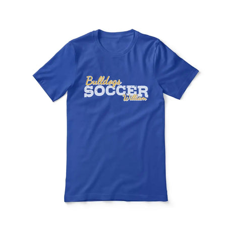 custom soccer mascot and soccer player name on a unisex t-shirt with a white graphic