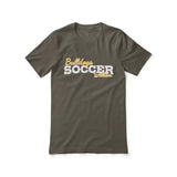 custom soccer mascot and soccer player name on a unisex t-shirt with a white graphic