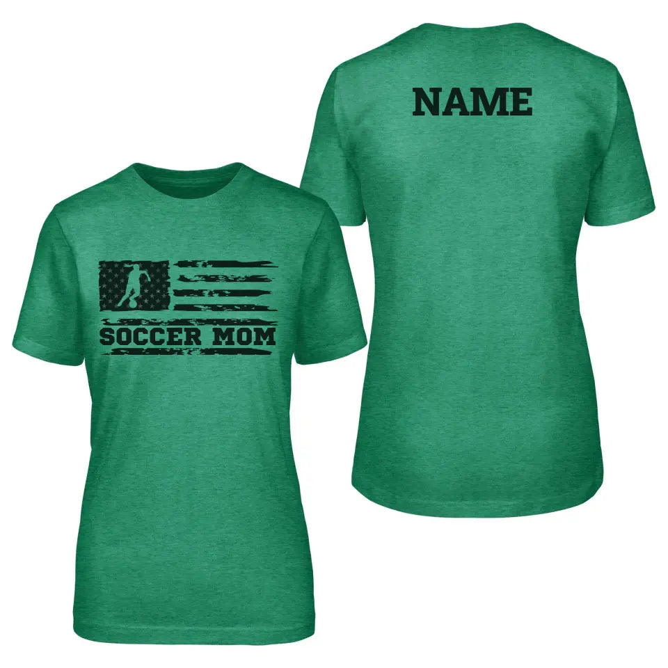 soccer mom horizontal flag with soccer player name on a unisex t-shirt with a black graphic