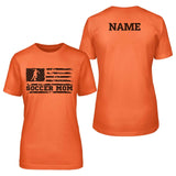 soccer mom horizontal flag with soccer player name on a unisex t-shirt with a black graphic