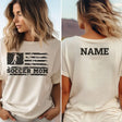 soccer mom horizontal flag with soccer player name on a unisex t-shirt with a black graphic