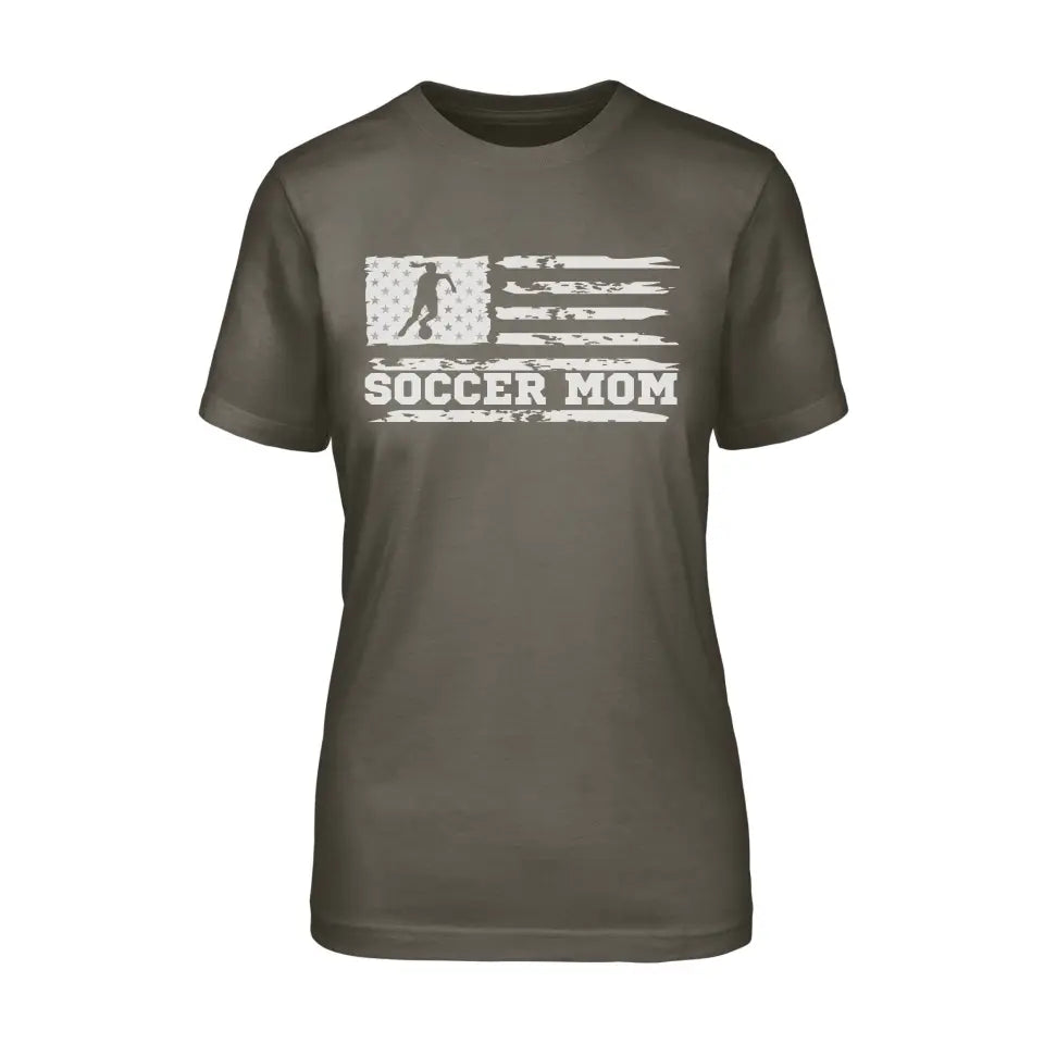 soccer mom horizontal flag on a unisex t-shirt with a white graphic