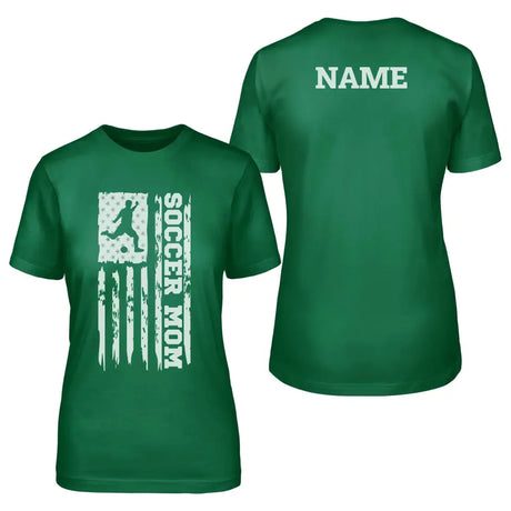 soccer mom vertical flag with soccer player name on a unisex t-shirt with a white graphic