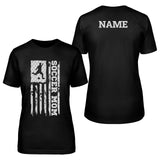 soccer mom vertical flag with soccer player name on a unisex t-shirt with a white graphic