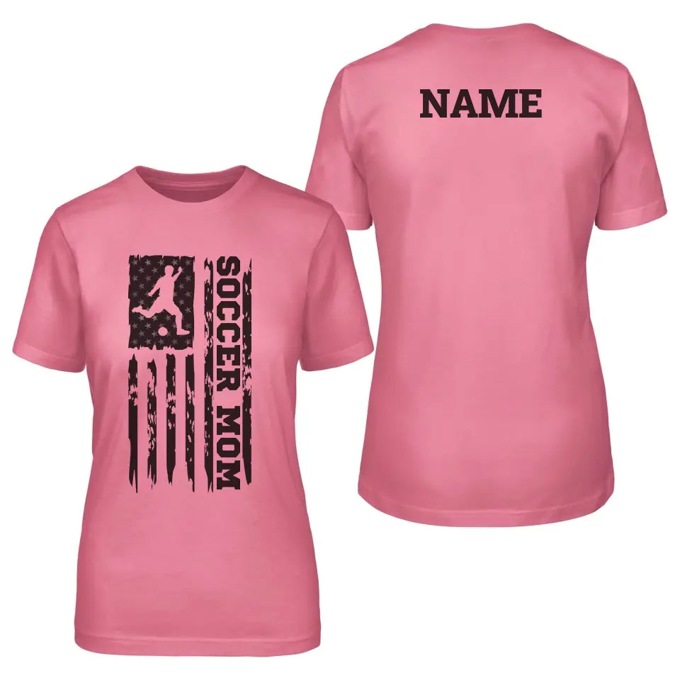 soccer mom vertical flag with soccer player name on a unisex t-shirt with a black graphic