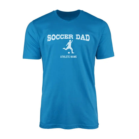 soccer dad with soccer player icon and soccer player name on a mens t-shirt with a white graphic