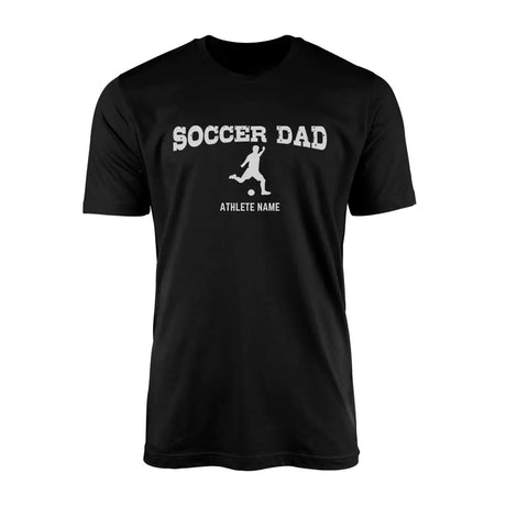 soccer dad with soccer player icon and soccer player name on a mens t-shirt with a white graphic