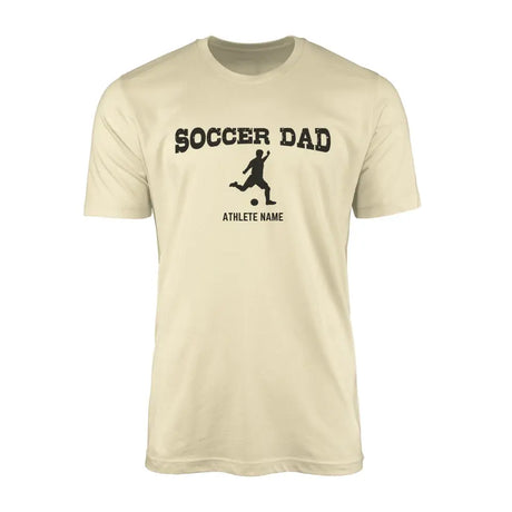 soccer dad with soccer player icon and soccer player name on a mens t-shirt with a black graphic