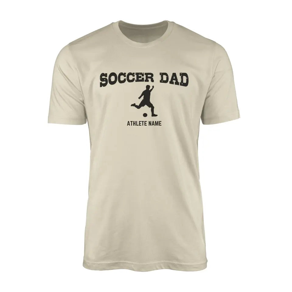 soccer dad with soccer player icon and soccer player name on a mens t-shirt with a black graphic