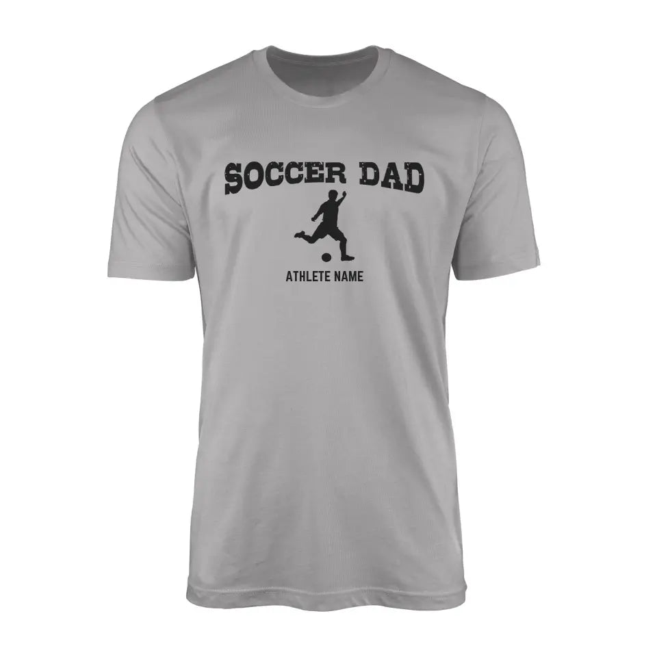 soccer dad with soccer player icon and soccer player name on a mens t-shirt with a black graphic