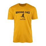 soccer dad with soccer player icon and soccer player name on a mens t-shirt with a black graphic