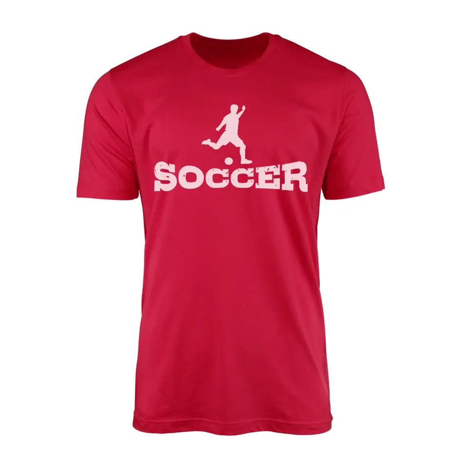 basic soccer with soccer player icon on a mens t-shirt with a white graphic