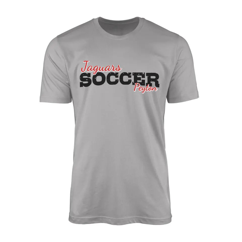 custom soccer mascot and soccer player name on a mens t-shirt with a black graphic