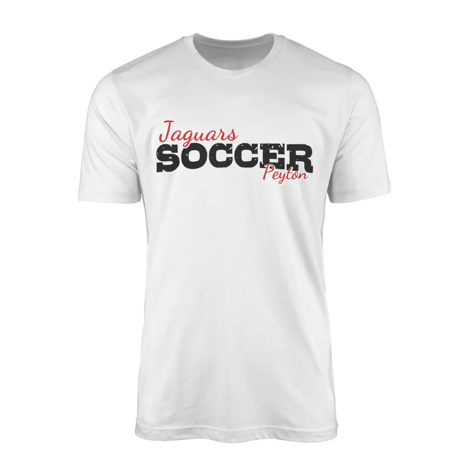 custom soccer mascot and soccer player name on a mens t-shirt with a black graphic