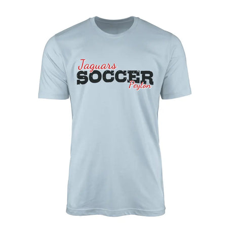 custom soccer mascot and soccer player name on a mens t-shirt with a black graphic