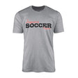 custom soccer mascot and soccer player name on a mens t-shirt with a black graphic