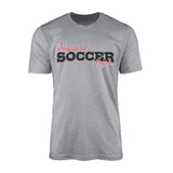 custom soccer mascot and soccer player name on a mens t-shirt with a black graphic