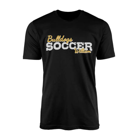 custom soccer mascot and soccer player name on a mens t-shirt with a white graphic
