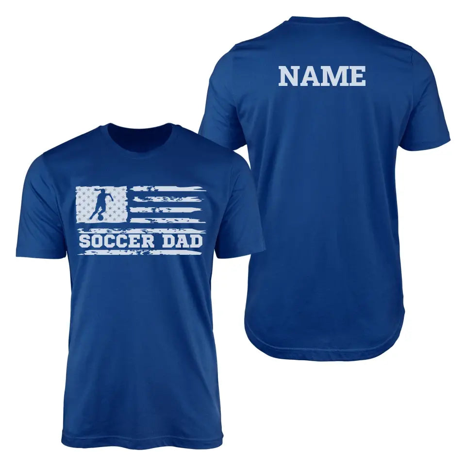 soccer dad horizontal flag with soccer player name on a mens t-shirt with a white graphic
