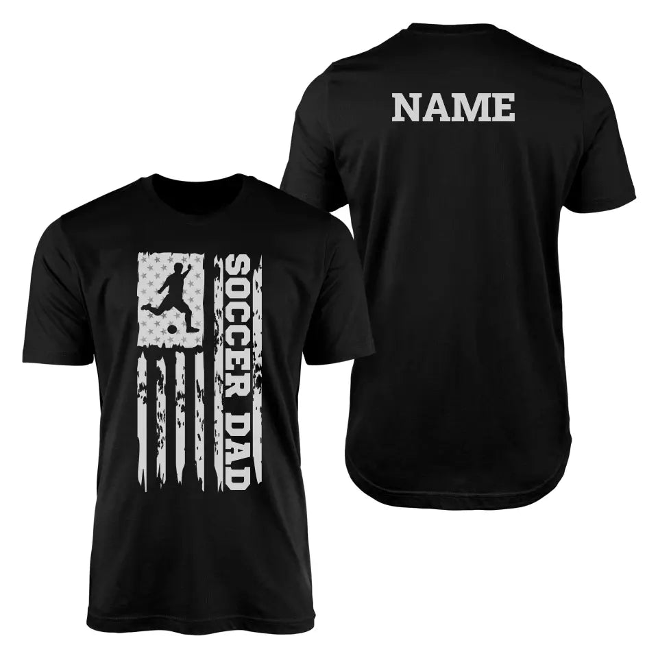 soccer dad vertical flag with soccer player name on a mens t-shirt with a white graphic