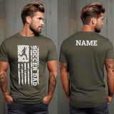 soccer dad vertical flag with soccer player name on a mens t-shirt with a white graphic
