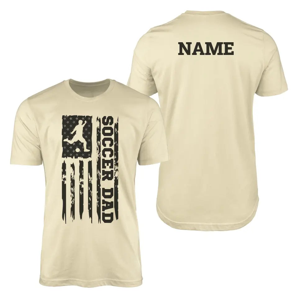 soccer dad vertical flag with soccer player name on a mens t-shirt with a black graphic
