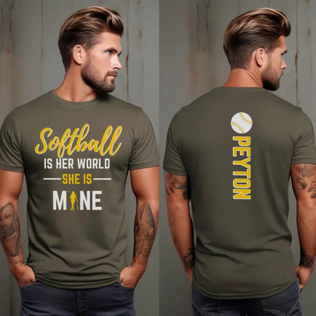 softball is her world she is mine with softball player name on a unisex t-shirt